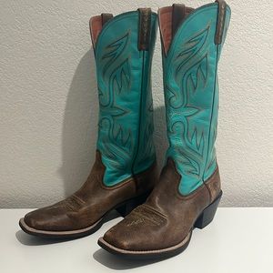 Brown and teal boots